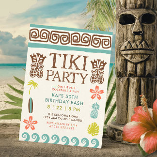 Retro Tiki Party Tropical Birthday Inbjudningar