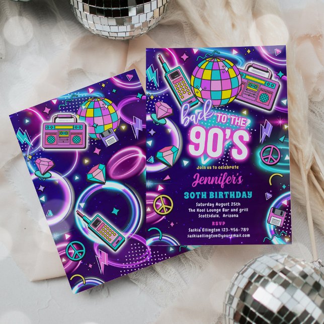 Retro Tillbaka till 90-talet Neon Disco 30-årsdag Inbjudningar (Skapare uppladdad)