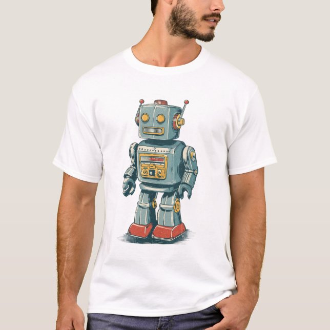 Retro Tin Robot — 1950s Cartoon Mech with Red Boot T Shirt (Framsida)