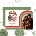 Retro Tis är familjfoto för Season God jul Julkort<br><div class="desc">Retro arch-fotodesign med stripe ram i skuggor från damskis rosa,  terracotta och sage grönt på vit "Tis the Season".</div>