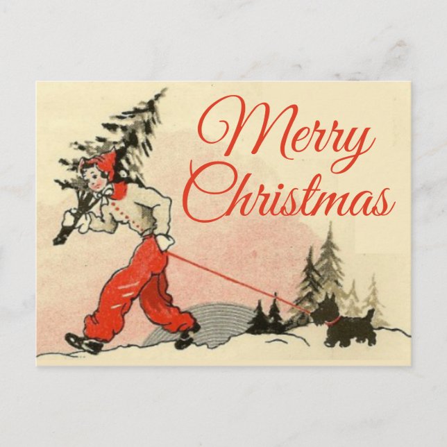 Retro Titta Scottie och New Julgran Helg Vykort (Framsida)