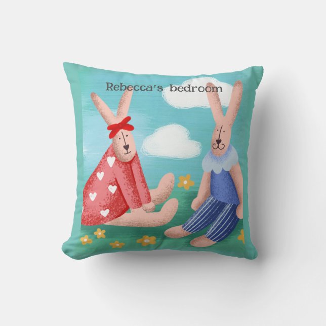 Retro tittar kaniner med redigerbar namn cushion/ kudde (Framsida)