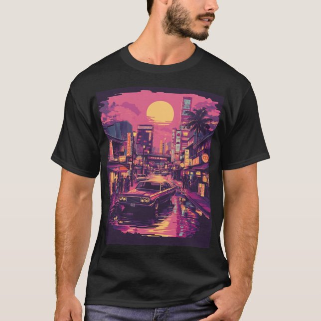 Retro Tokyo Sunset T Shirt (Framsida)