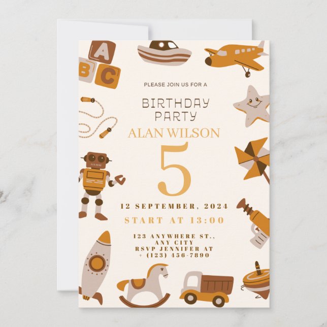 Retro Toys Boys Birthday Invitation Spara Datumet (Framsida)