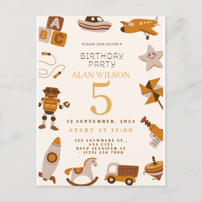 Retro Toys Boys Birthday Invitation Vykort (Framsida)