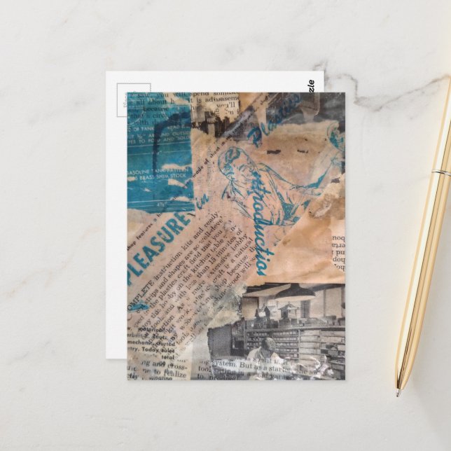 Retro träbearbetning mixed media collage  vykort (Fram/Back In Situ)