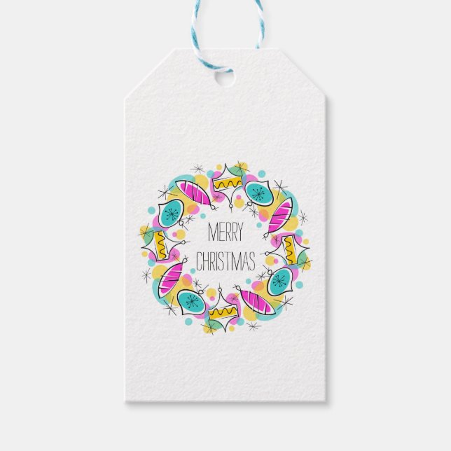 Retro Träd Baubles Circle Juletiketters Presentetikett (Framsidan)