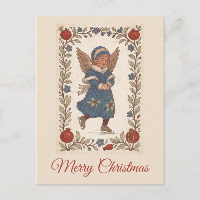 Retro traditional Christmas skating Angel floral Vykort (Framsida)