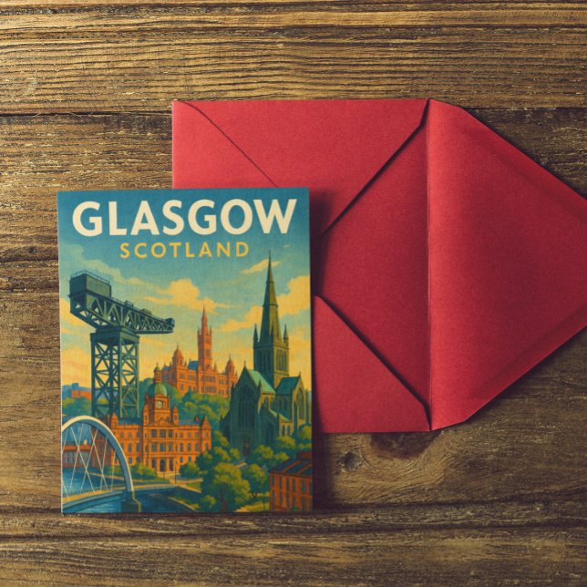 Retro Travel Glasgow Skottland Vykort (Retro Glasgow Scotland City Postcard)