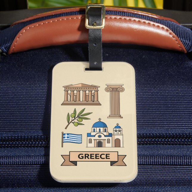 Retro Travel Greece Iconic National Symbols Bagagebricka (Framsida Insitu 2)