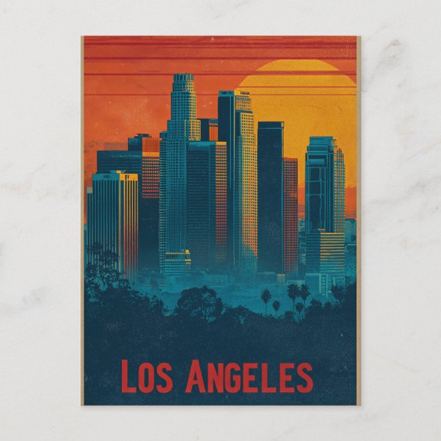 Retro Travel Poster Art of Downtown Los Angeles Helg Vykort (Framsida)