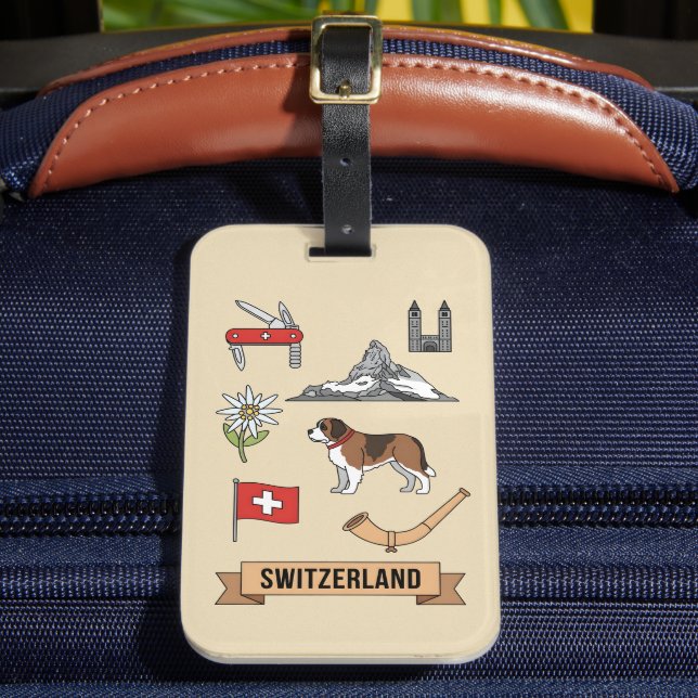 Retro Travel Switzerland Iconic National Symbols Bagagebricka (Framsida Insitu 2)