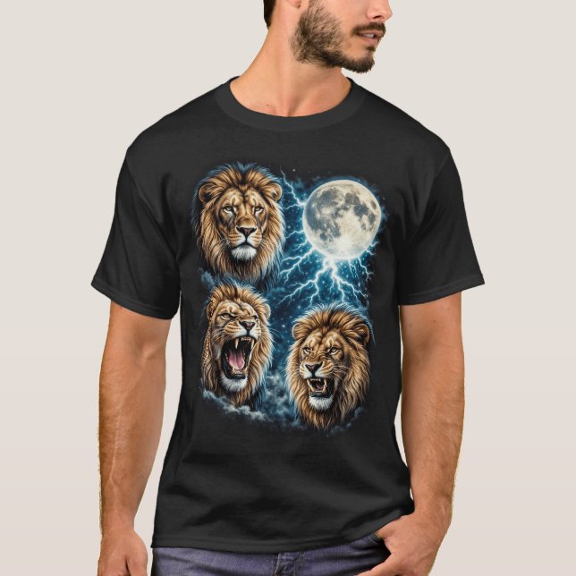Retro Tre Lejon Mån Blitz rytande Vilda djur  T Shirt (Framsida)