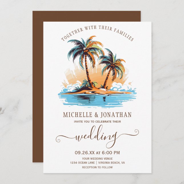 Retro Tropical Beach Destination Wedding Inbjudningar (Fram/baksida)