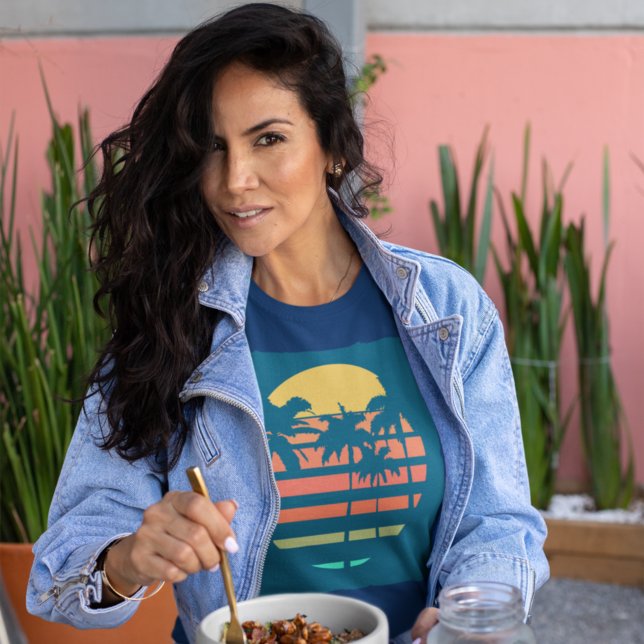 Retro Tropical Beach Sunset Handflatan Träd Resa U T Shirt (Skapare uppladdad)