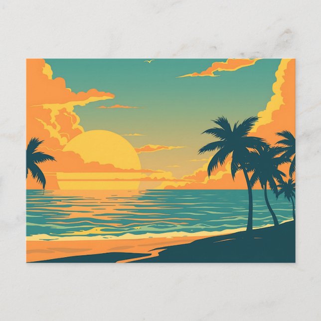Retro Tropical Beach Sunset Vykort (Framsida)