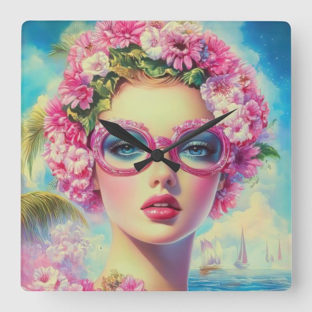 Retro Tropical Beauty Fyrkantig Klocka (Framsida)