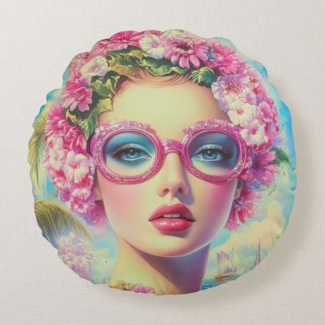 Retro Tropical Beauty Rund Kudde (Framsidan)
