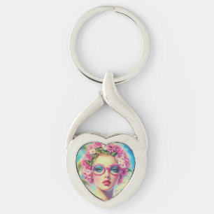 Retro Tropical Beauty Twisted Heart Silverfärgad Nyckelring