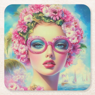 Retro Tropical Beauty Underlägg Papper Kvadrat