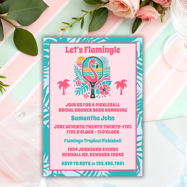 Retro Tropical Flamingo Pickleball Möhippa Inbjudningar (Bridal Shower Invitation)