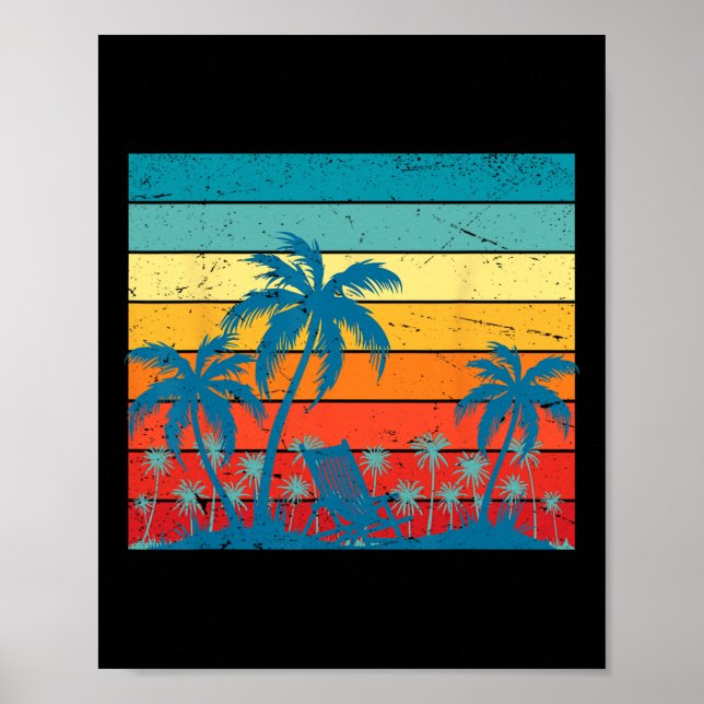 Retro Tropical Handflatan Träd och Sunset Beach Su Poster (Framsidan)