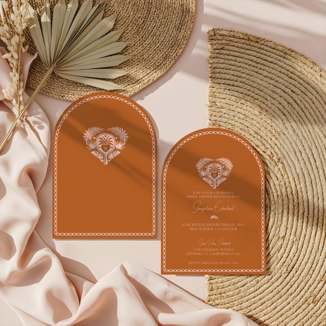 Retro Tropical Handflatan Träd Pickleball Möhippa Inbjudningar (Retro Tropical Palm Tree Pickleball Bridal Shower Invitation)