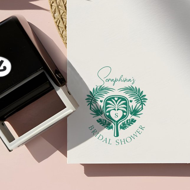 Retro Tropical Handflatan Träd Pickleball Möhippa Självfärgande Stämpel (Retro Tropical Palm Tree Pickleball Bridal Shower Self-inking Stamp)