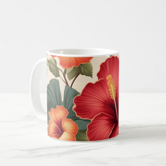 Retro Tropical Hibiscus Flowers Kaffemugg (Framsida vänster)
