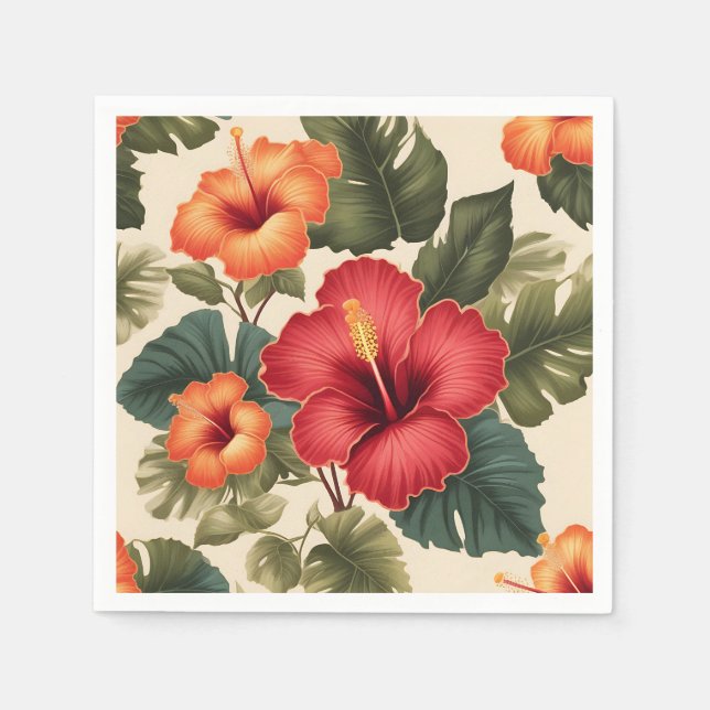 Retro Tropical Hibiscus Flowers Pappersservett (Framsidan)