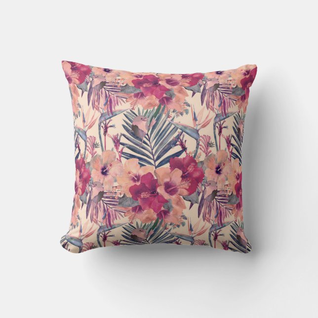 Retro Tropical Hibiscus Wren Mönster Kudde (Framsida)