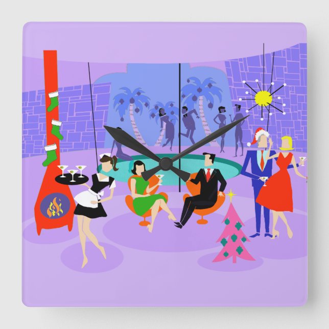 Retro Tropical jul Party Wall Clock Fyrkantig Klocka (Framsida)