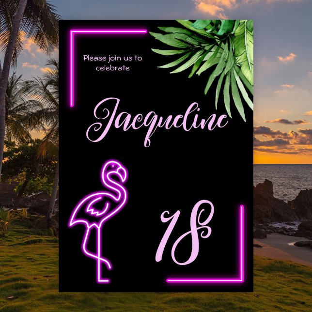 Retro tropical neon rosa flamingo 18:e födelsedag inbjudningar (Skapare uppladdad)