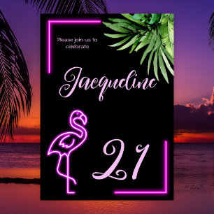 Retro tropical neon rosa flamingo 21:a födelsedag inbjudningar