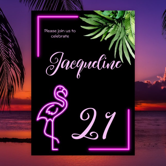 Retro tropical neon rosa flamingo 21:a födelsedag inbjudningar (Skapare uppladdad)