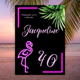 Retro tropical neon rosa flamingo 40-årsdagen inbjudningar