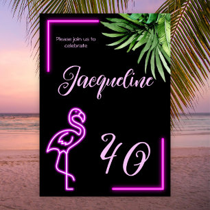 Retro tropical neon rosa flamingo 40-årsdagen inbjudningar