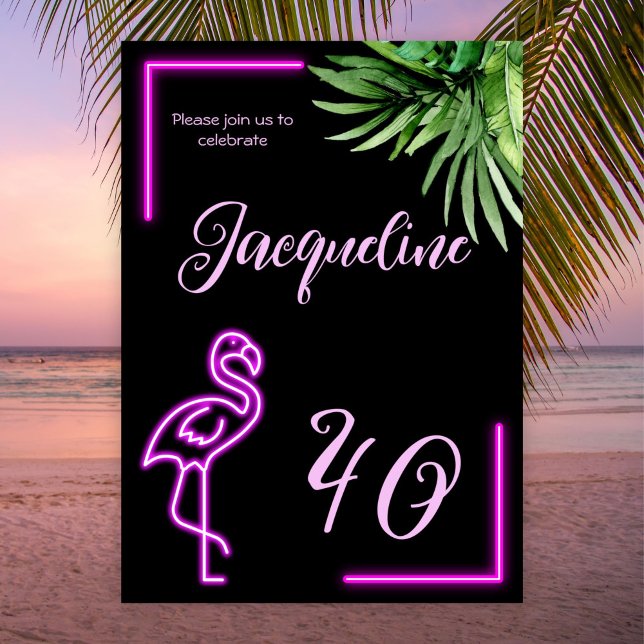 Retro tropical neon rosa flamingo 40-årsdagen inbjudningar (Skapare uppladdad)