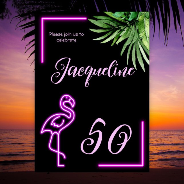 Retro tropical neon rosa flamingo 50-årsdagen inbjudningar (Skapare uppladdad)