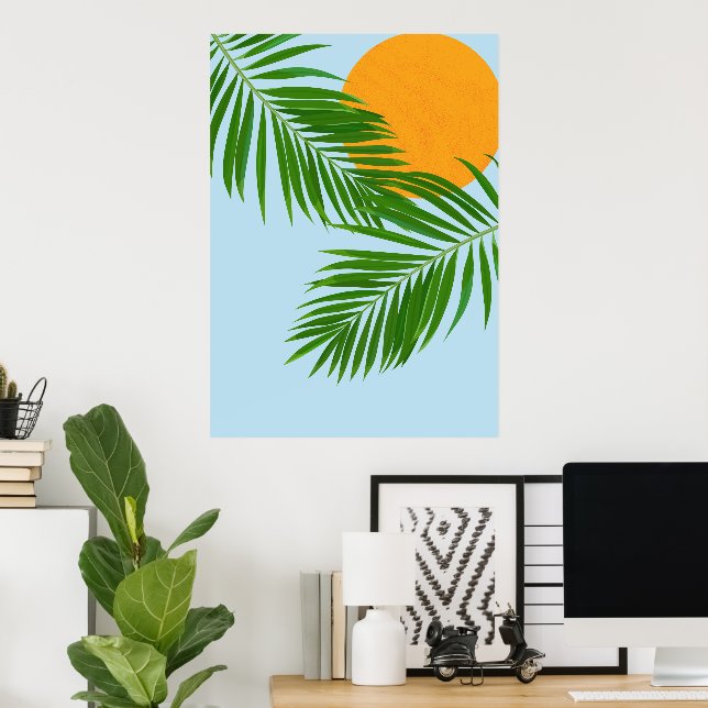 Retro Tropical Sol Handflatan Lämnar Blue Minimal Poster (Hemmakontoret)