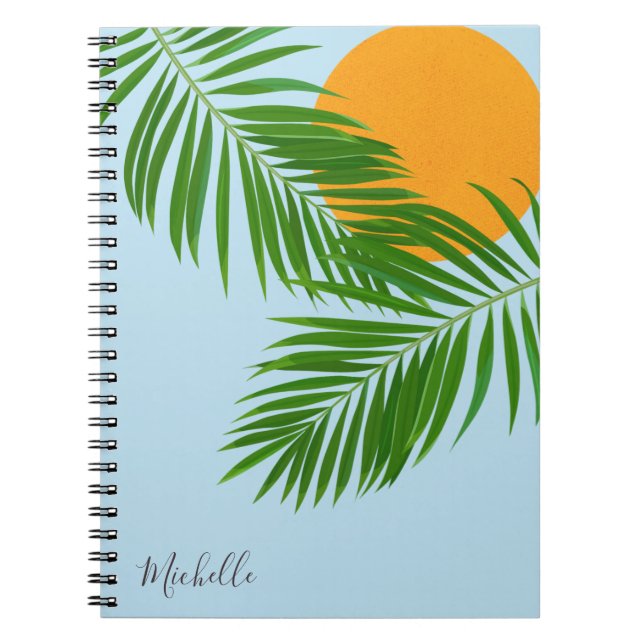Retro Tropical Sol Handflatan Löv Blue Minimal Nam Anteckningsbok (Framsidan)