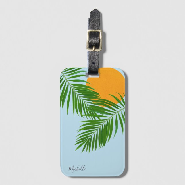 Retro Tropical Sol Handflatan Löv Blue Minimal Nam Bagagebricka (Framsida vertikal)
