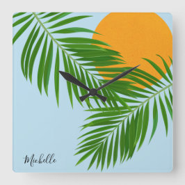 Retro Tropical Sol Handflatan Löv Blue Minimal Nam Fyrkantig Klocka