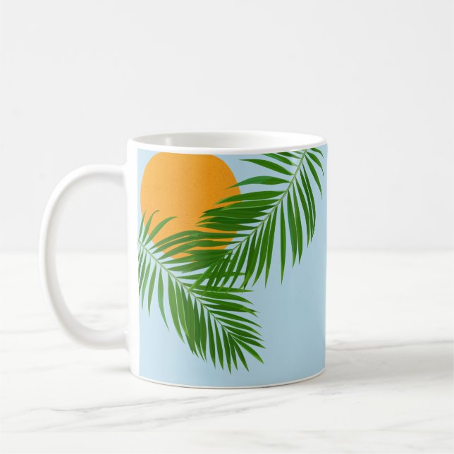 Retro Tropical Sol Handflatan Löv Blue Minimal Nam Kaffemugg (Vänster)