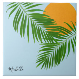 Retro Tropical Sol Handflatan Löv Blue Minimal Nam Kakelplatta