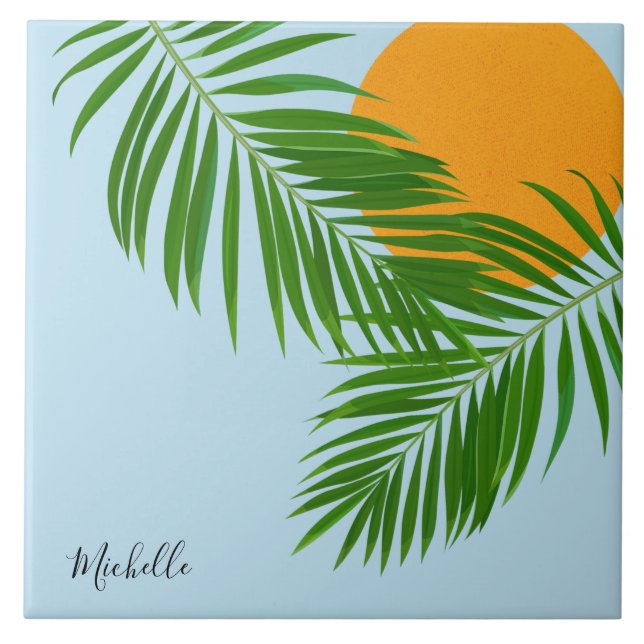 Retro Tropical Sol Handflatan Löv Blue Minimal Nam Kakelplatta (Framsidan)