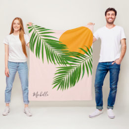 Retro Tropical Solnedgång Palmblad Minimalist Namn Fleecefilt