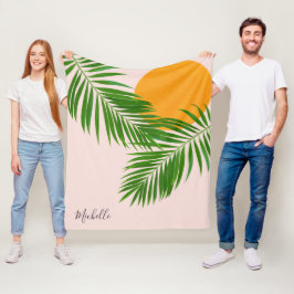Retro Tropical Solnedgång Palmblad Minimalist Namn Fleecefilt