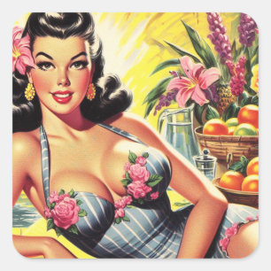 Retro Tropical Summer Pin up Fyrkantigt Klistermärke