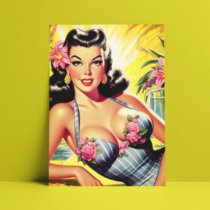 Retro Tropical Summer Pin up Vykort